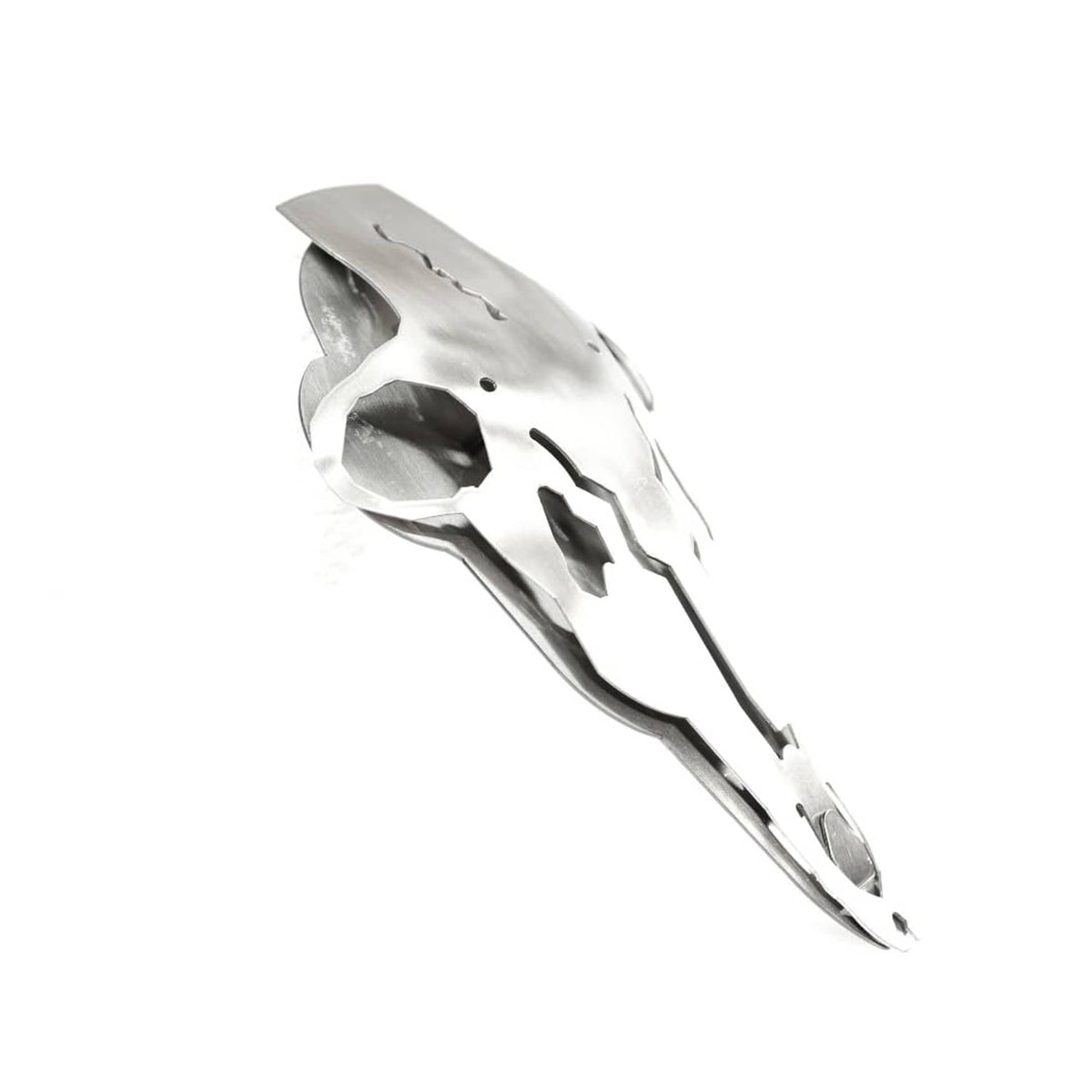 Silver metal deer skull plate with antlers, side view