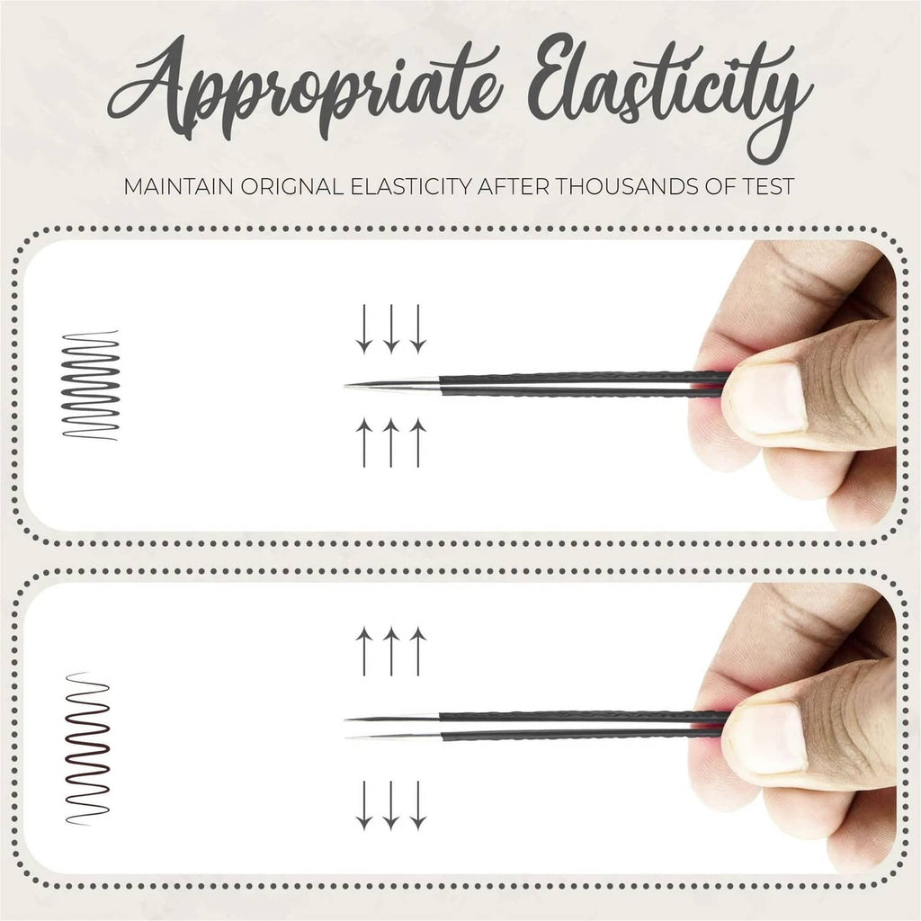 Black lash tweezers held and flexed to show rebound elasticity and tip alignment