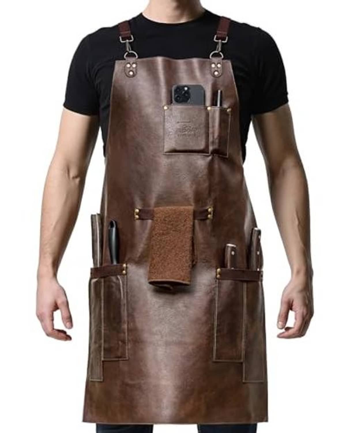 Brown synthetic leather chef apron front view with phone pocket and side tool pockets