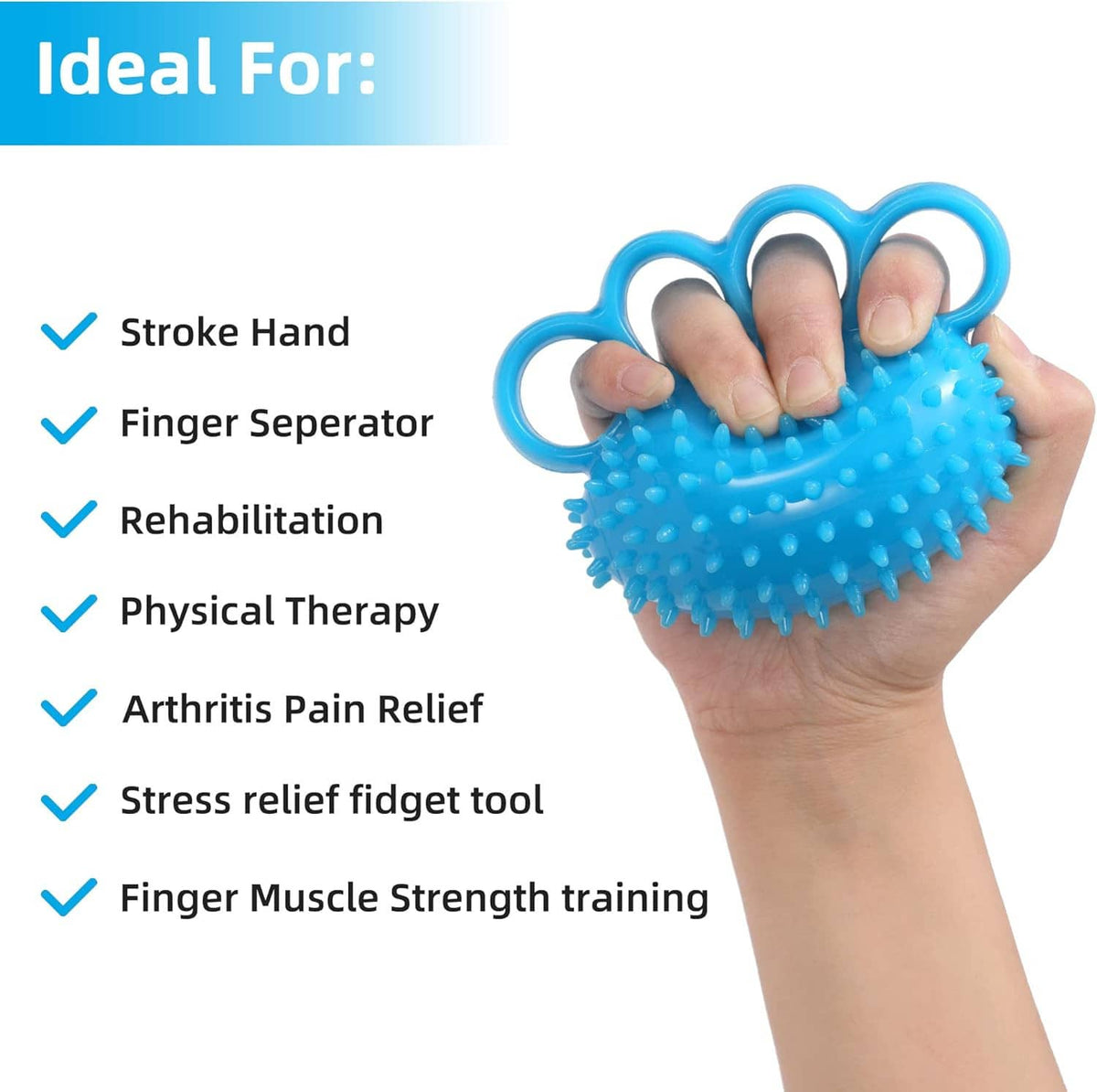Blue spiky finger therapy grip ball held in hand with 5 finger loops