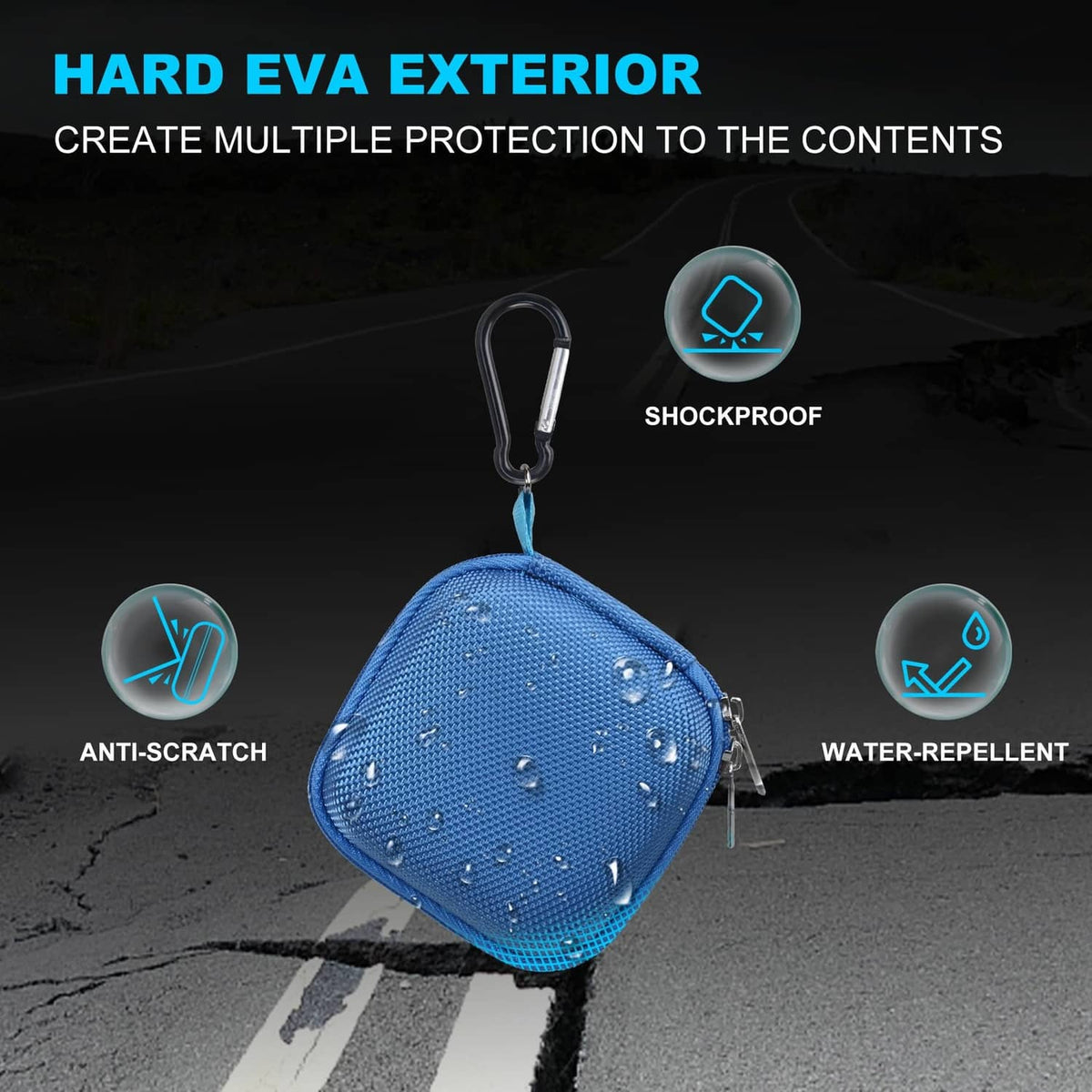 Blue hard EVA SSD case with carabiner; shockproof, anti-scratch, water-resistant
