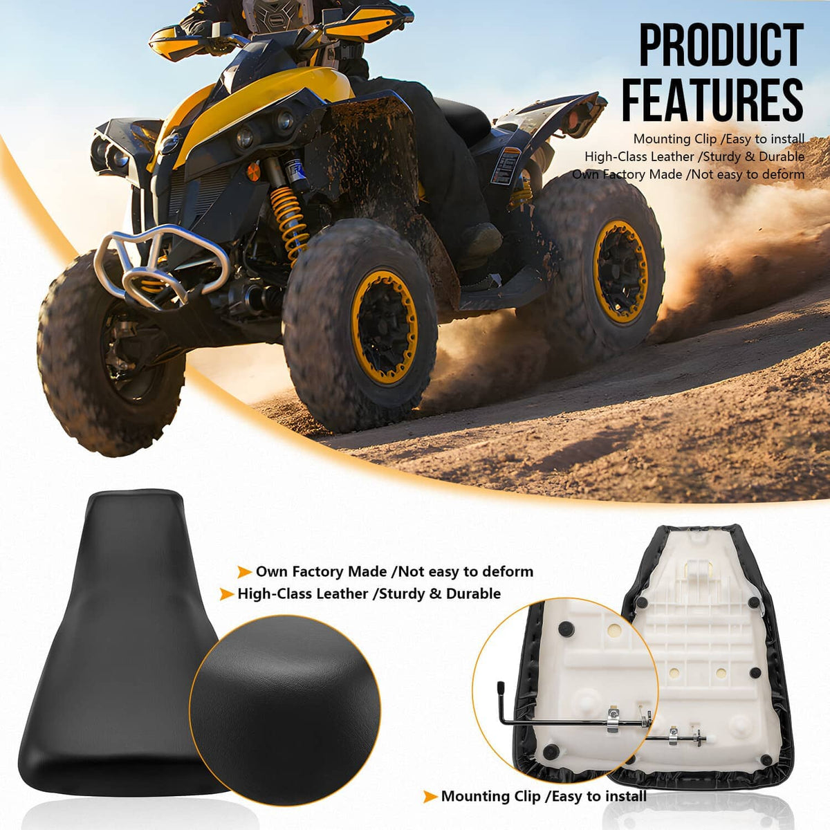 Black replacement ATV seat, smooth leather-style surface and contoured cushion