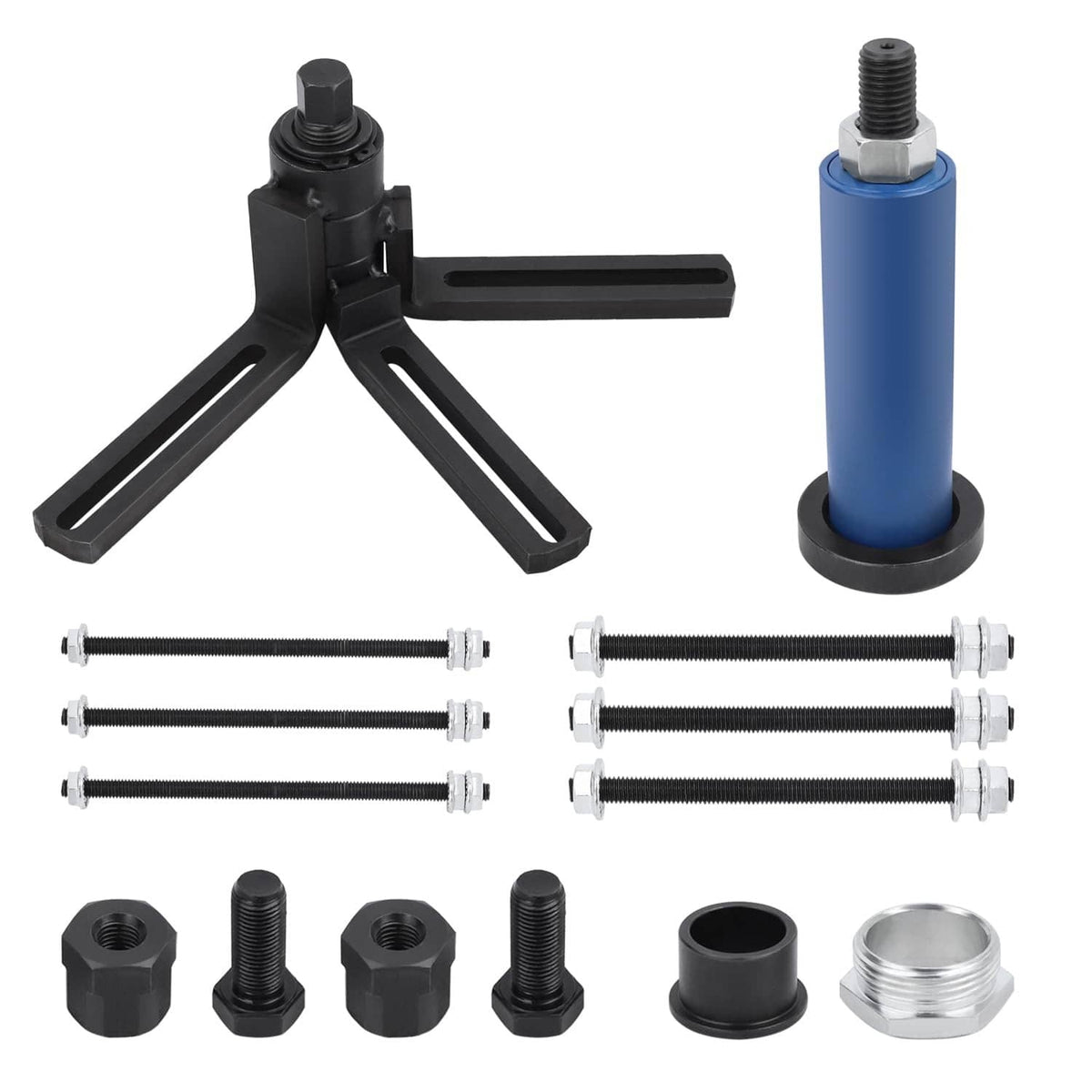 Crankshaft installer tool set: black stand, blue sleeve, bolts, nuts, adapters