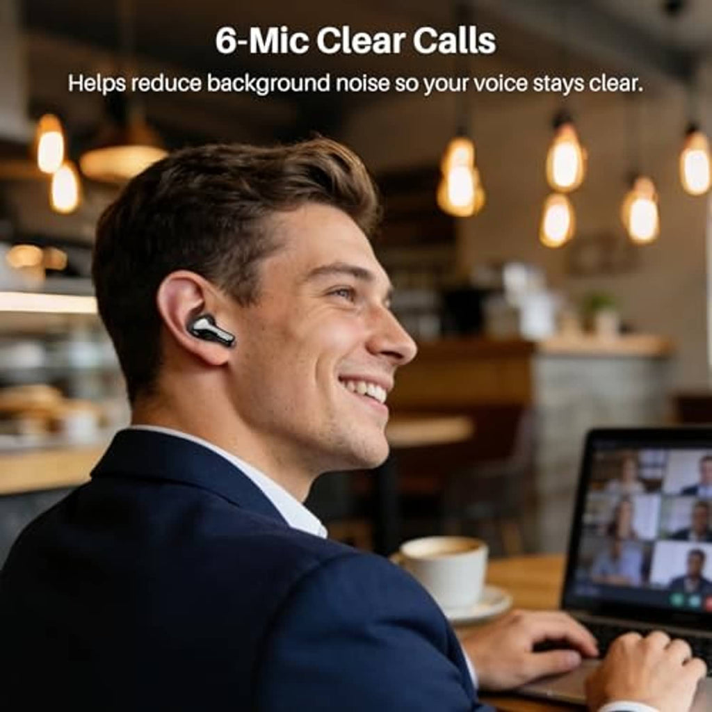 Man wearing black wireless earbuds with mic call indicator overlay