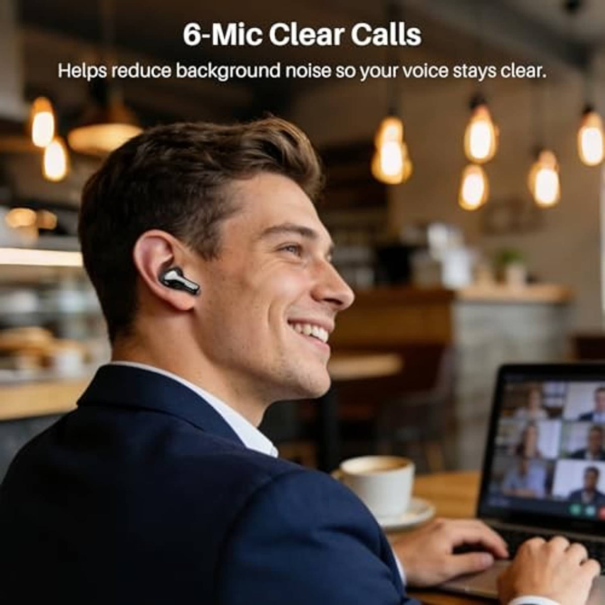 Man wearing black wireless earbuds with mic call indicator overlay
