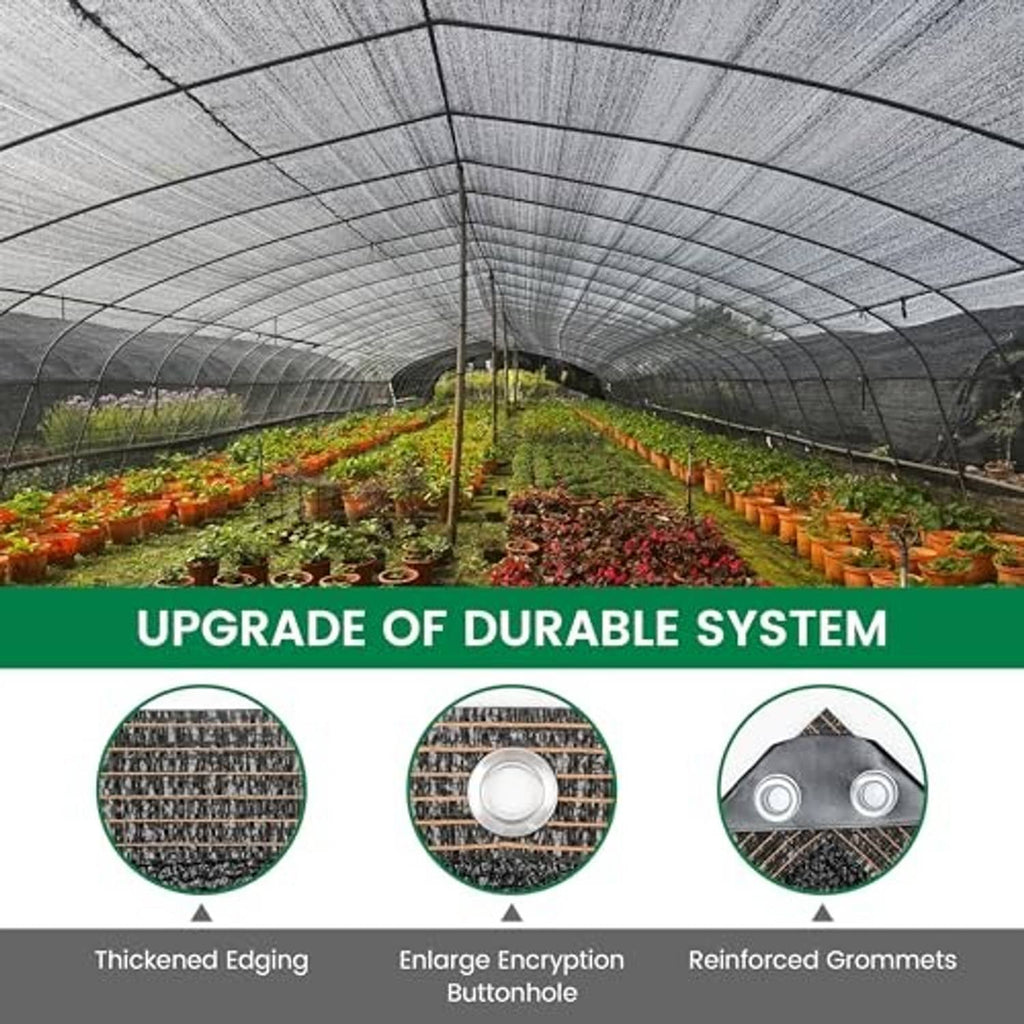 Black shade cloth stretched over curved greenhouse frame, covering plants