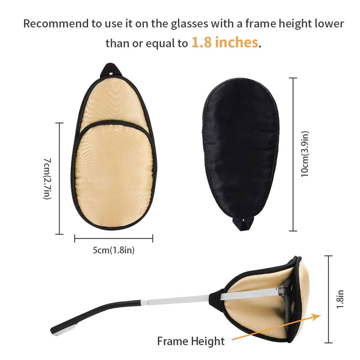Two left eyepatch sizes shown: beige pad and black pad with black edge trim.