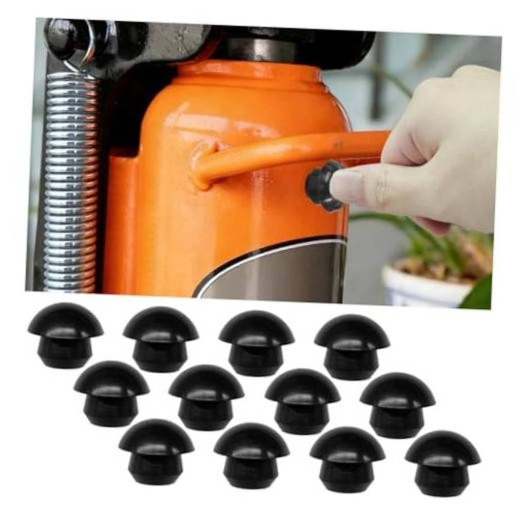 Orange bottle jack oil filler port with black rubber plug and white hand