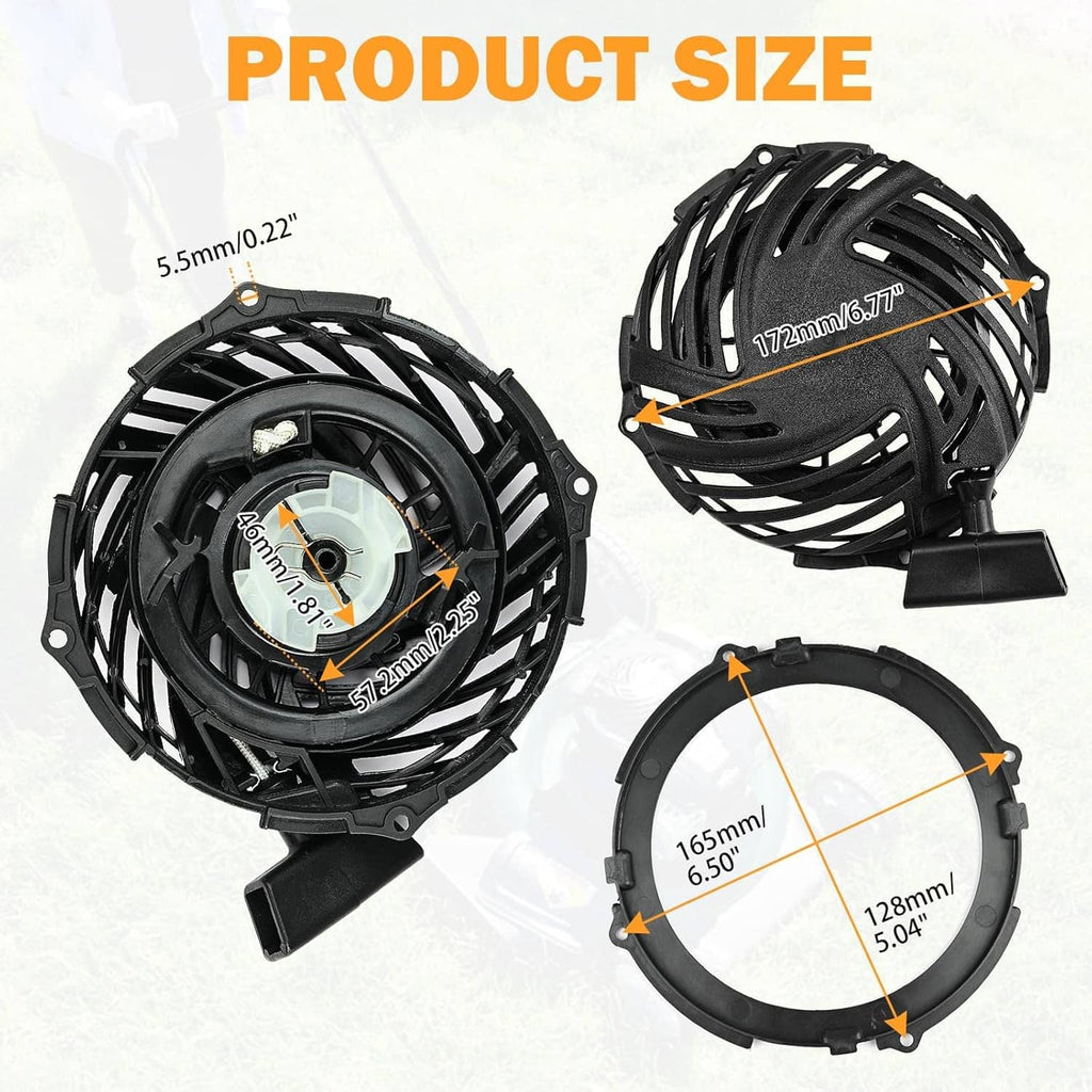 Recoil starter assembly and rewind ring shown with dimension callouts