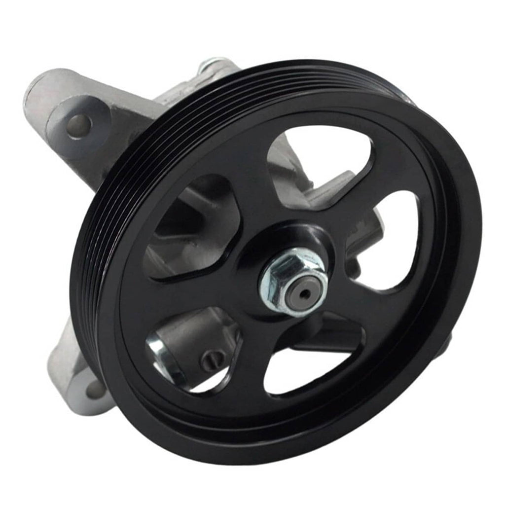 Power steering pump with black pulley and silver front housing, shown at a side angle.