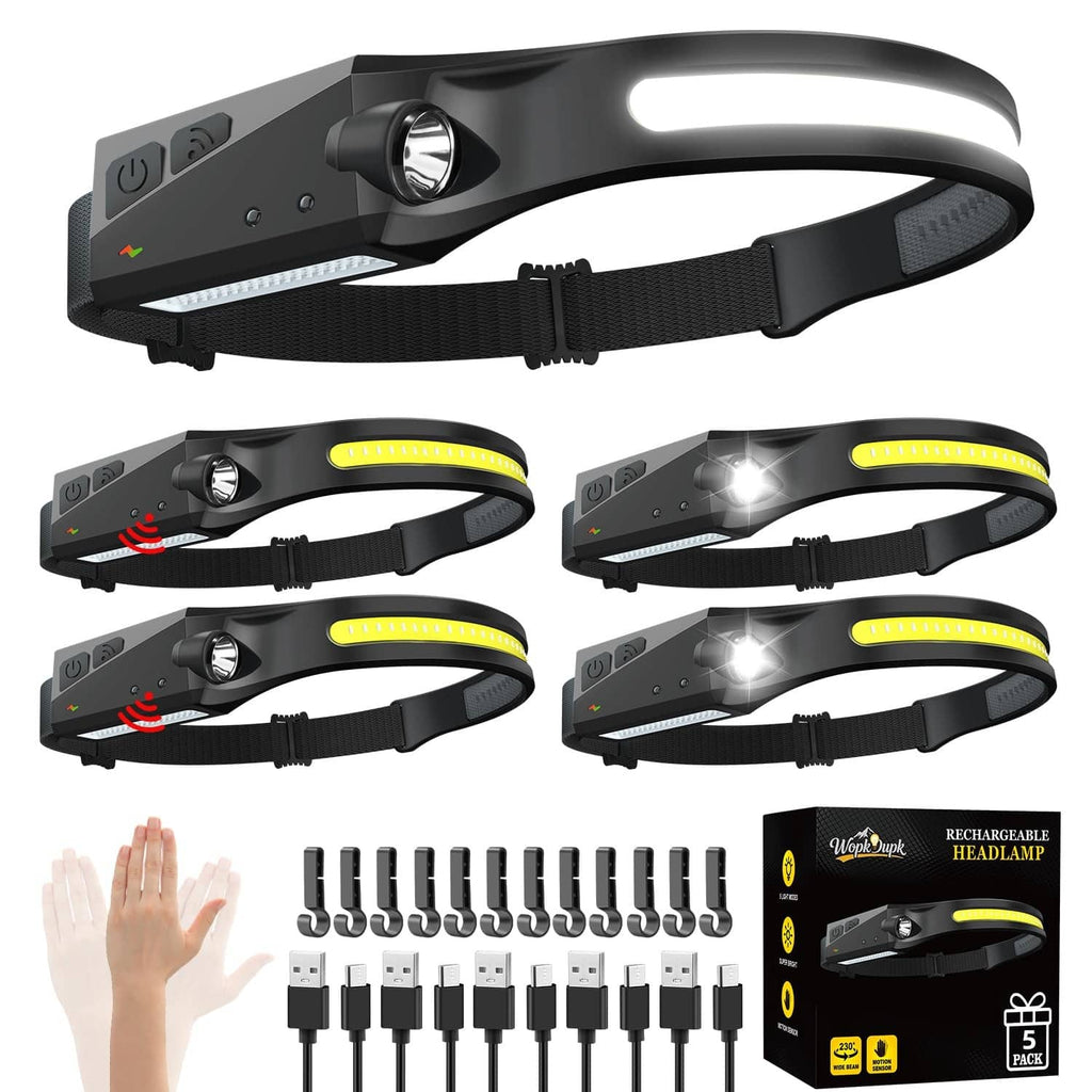 Black rechargeable headlamp with adjustable strap and bright LED light bar