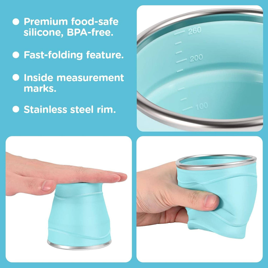 Collapsible silicone cup with stainless steel rim, light blue, showing interior volume