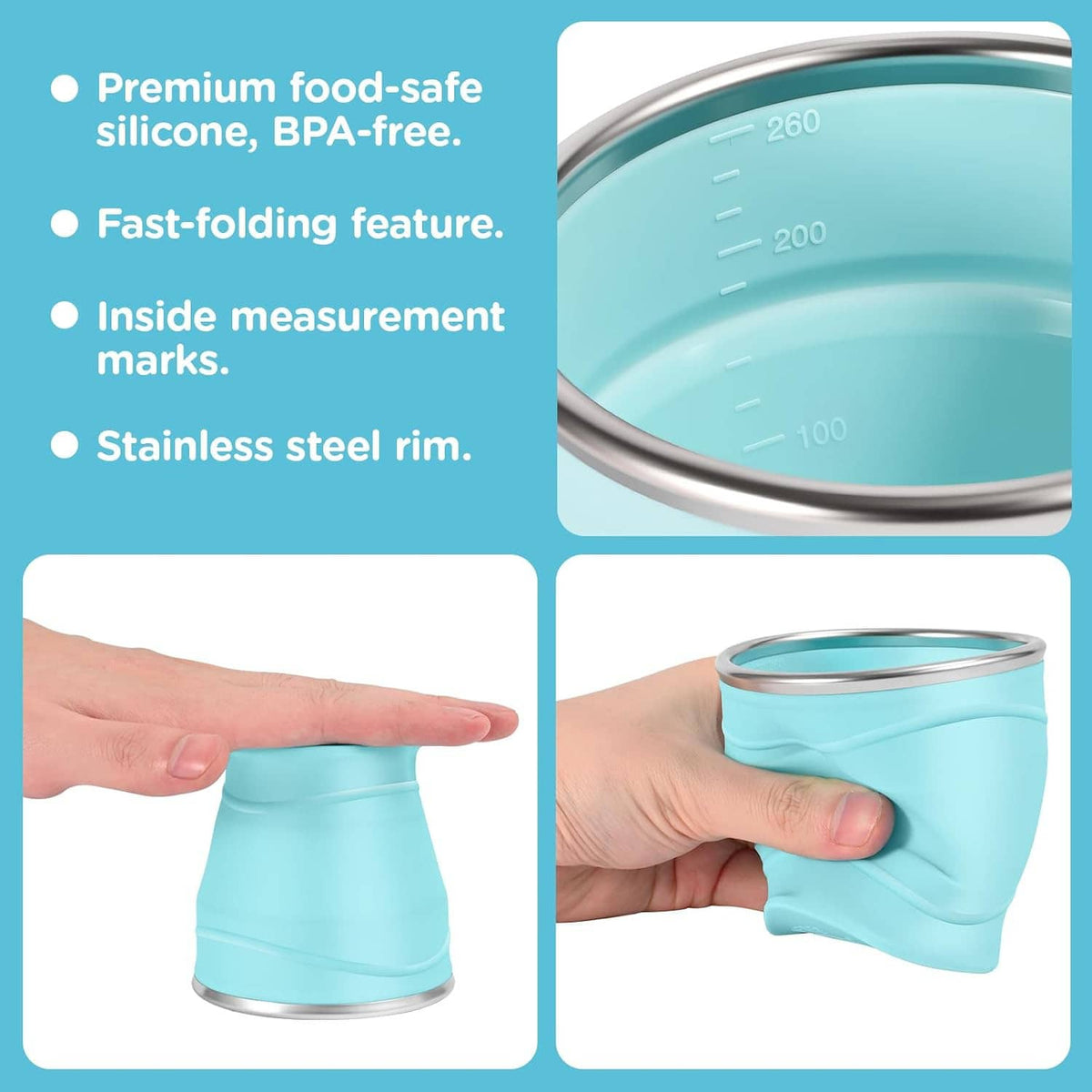 Collapsible silicone cup with stainless steel rim, light blue, showing interior volume