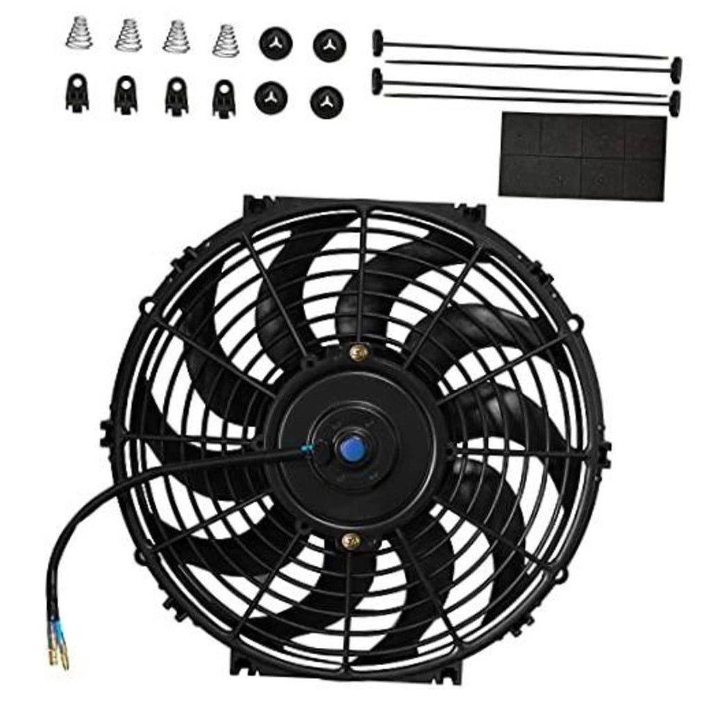 Automotive electric cooling fan with black wire grille and central motor hub