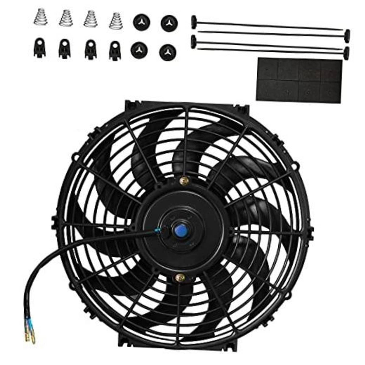 Automotive electric cooling fan with black wire grille and central motor hub