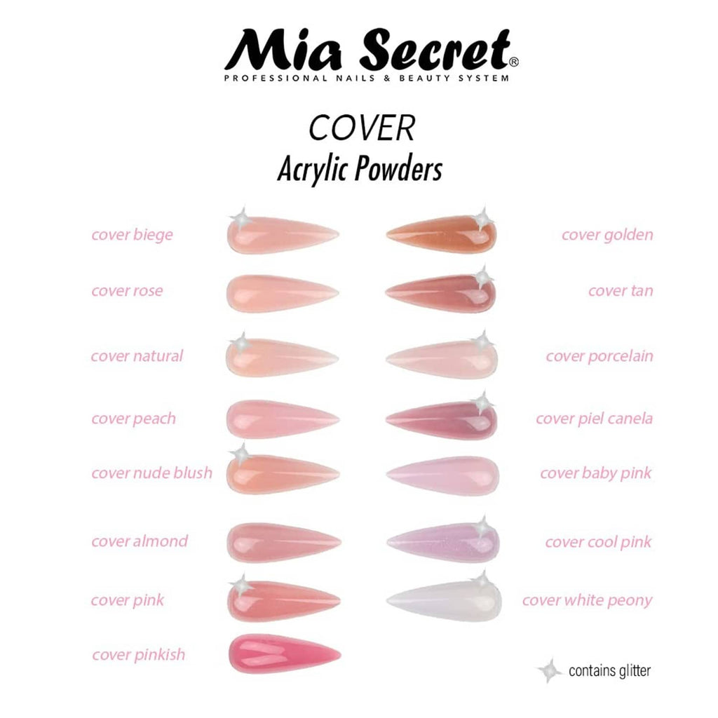 Mia Secret Cover acrylic powders color chart featuring a white peony swatch
