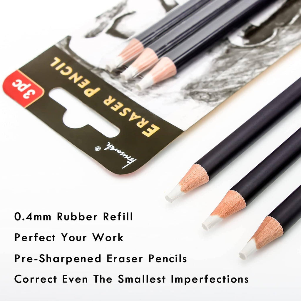 Close-up of three eraser pencils with sharpened white eraser tips and dark navy barrels