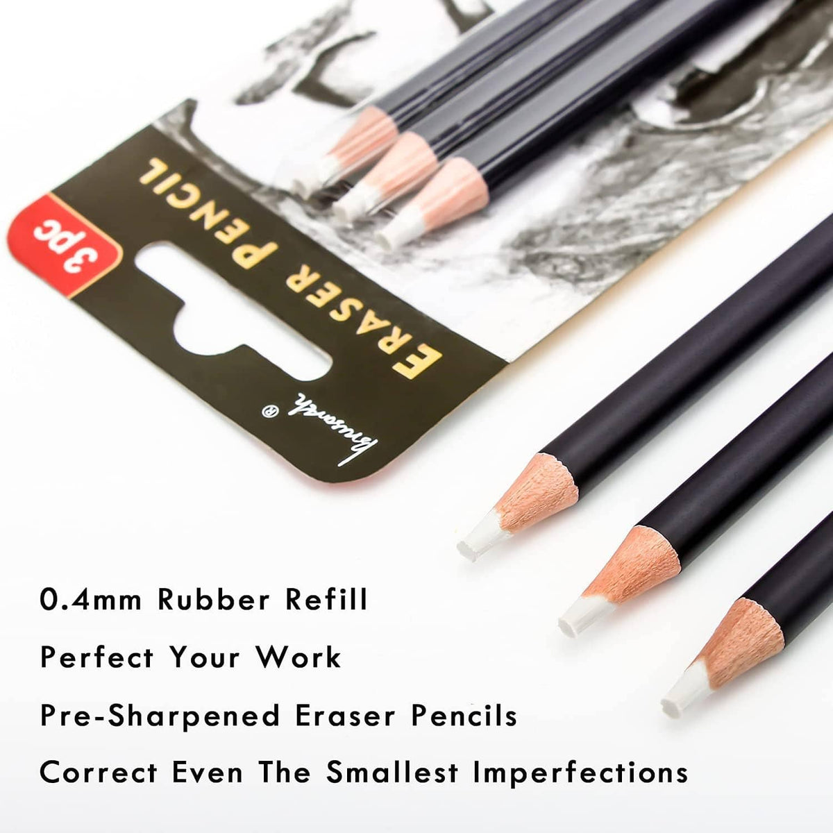 Close-up of three eraser pencils with sharpened white eraser tips and dark navy barrels