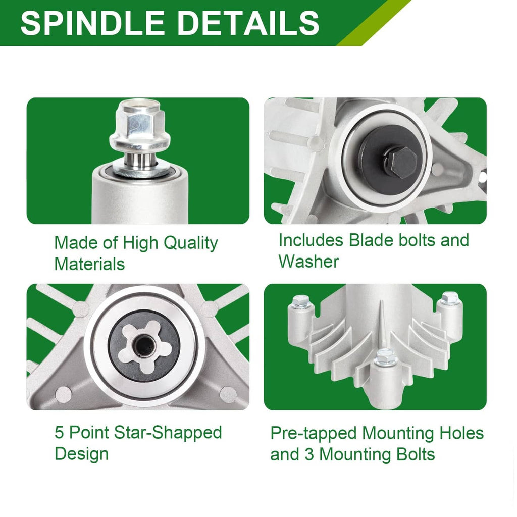 Mower spindle details showing star-shaped base, mounting holes, and blade bolt area