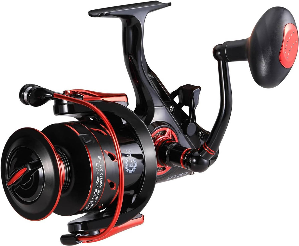 Black and red spinning fishing reel with raised handle and front spool
