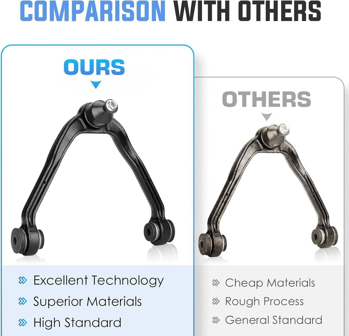 Front control arm set comparison view, black arms with ball joint and bushing ends