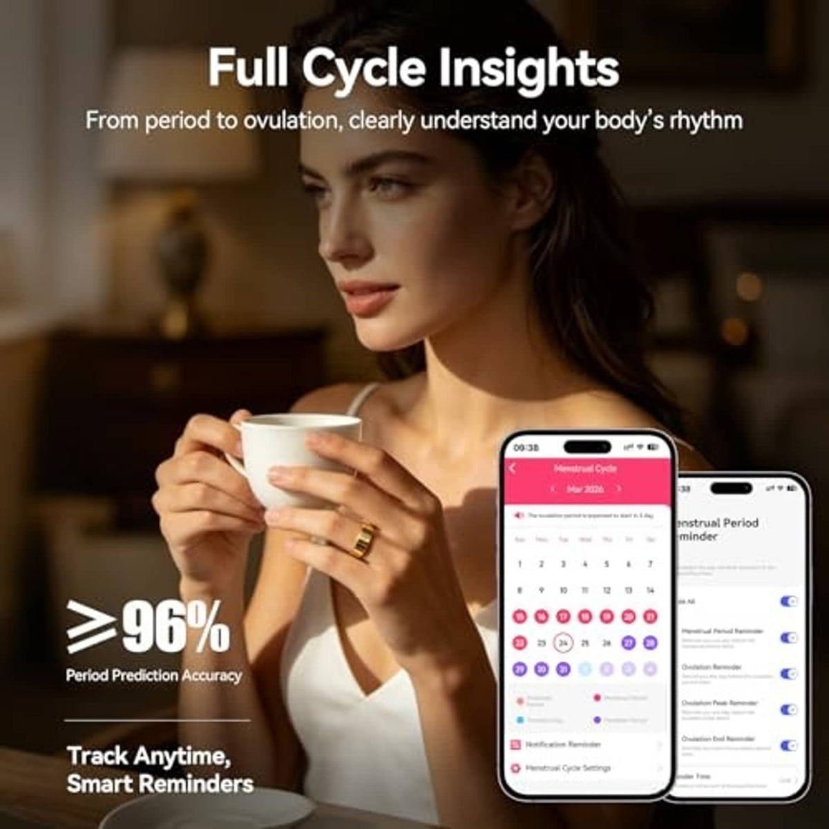 Silver smart ring worn on finger with menstrual cycle tracking app on two phones