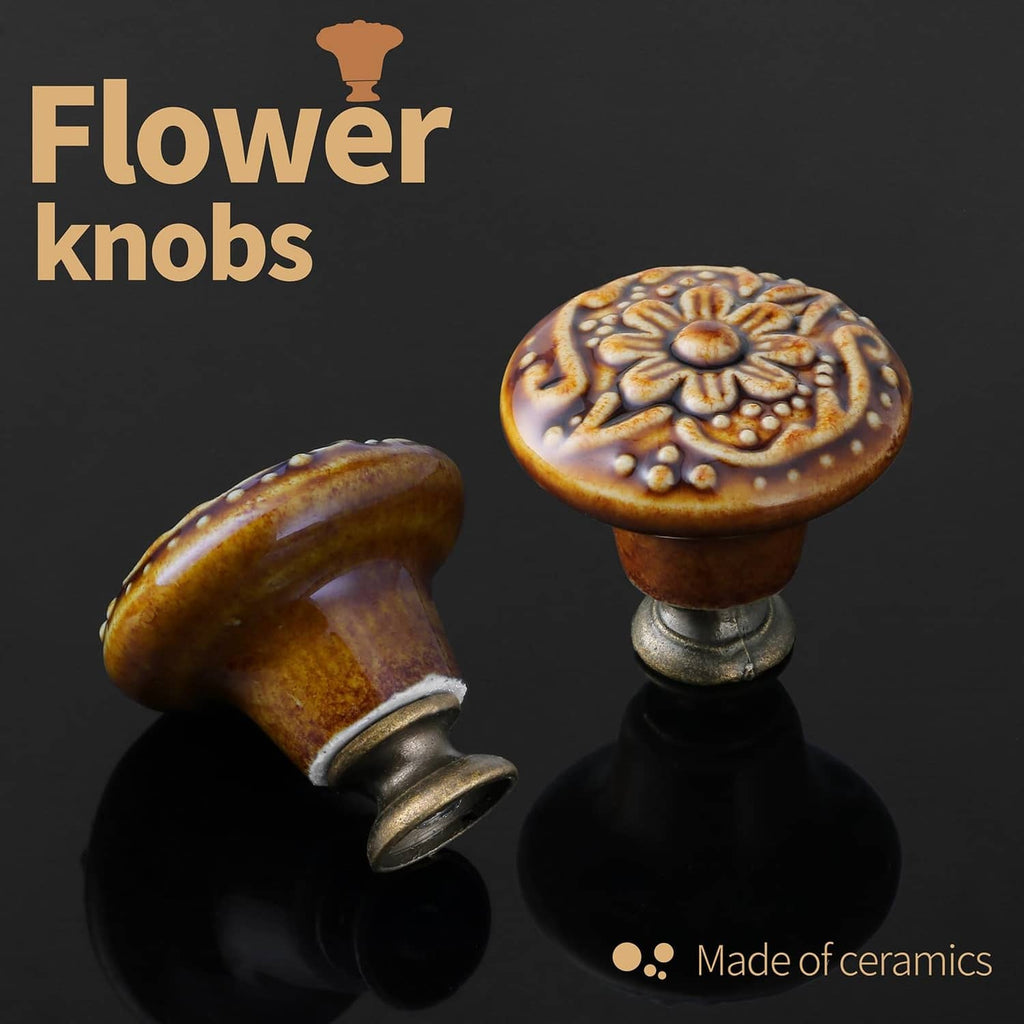 Brown ceramic flower cabinet knobs with antique metal stems, two-piece view