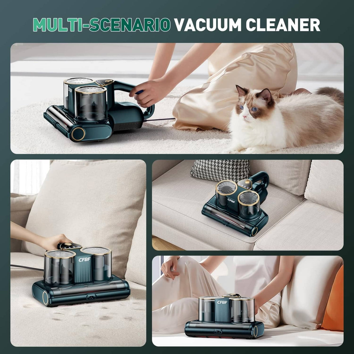 Dark cyan mattress vacuum cleaner used on upholstery with filter cups and suction head