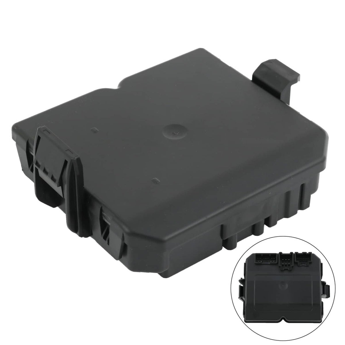 Rear liftgate control module, black plastic housing with wiring connector ports