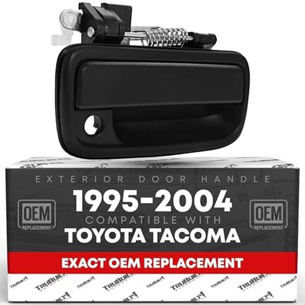 Black exterior passenger door handle with mounting hardware and latch