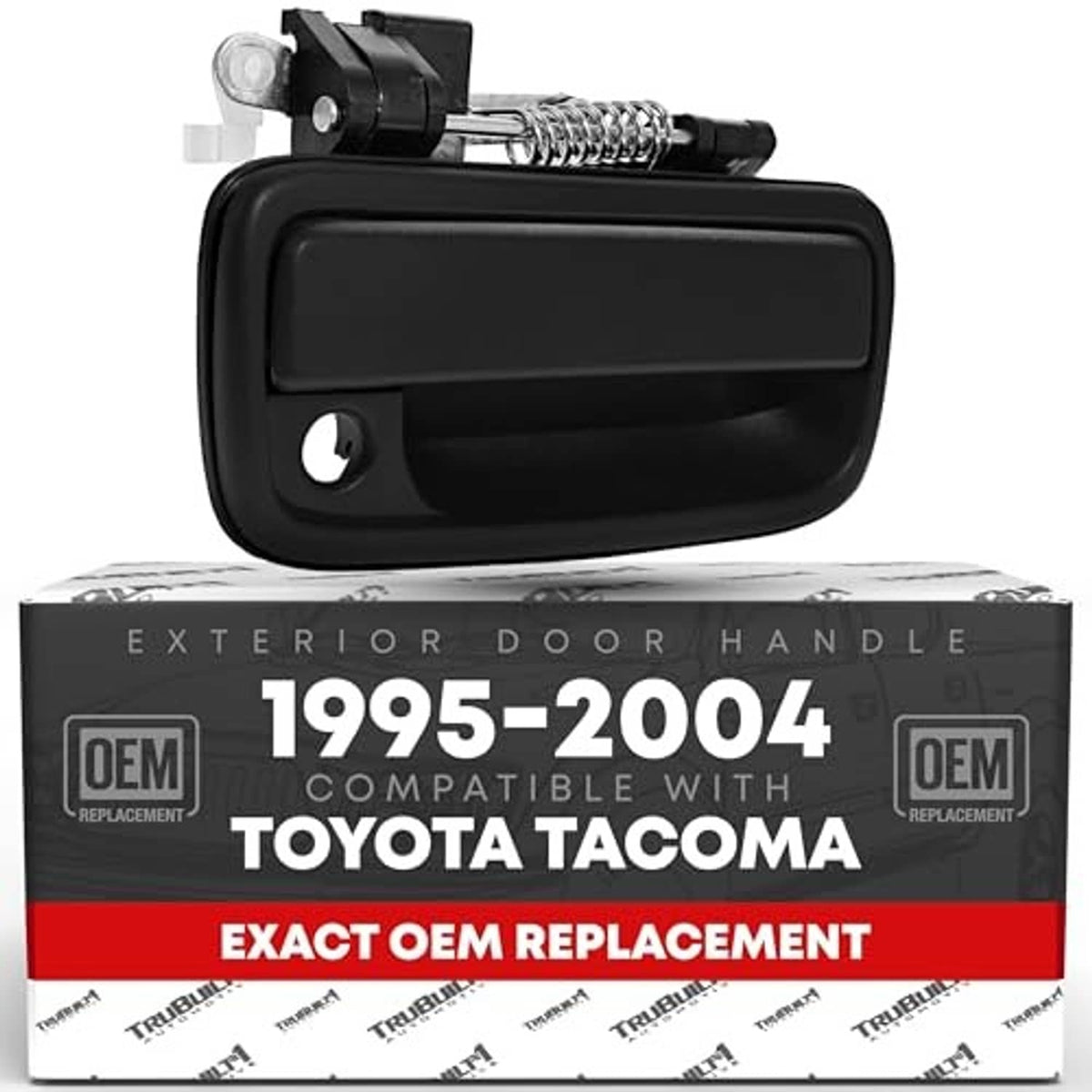 Black exterior passenger door handle with mounting hardware and latch