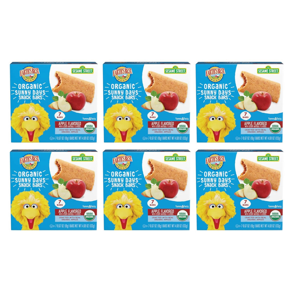 Pack of apple-flavored organic snack bars in branded cartons with Sesame Street character