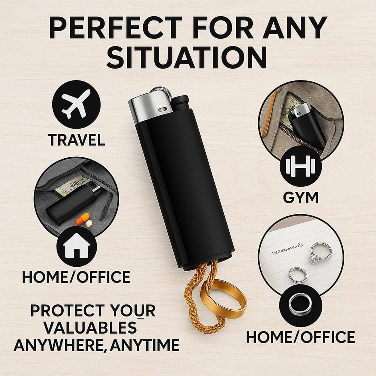 Black diversion lighter with silver top and gold cord loop; open stash cap visible.