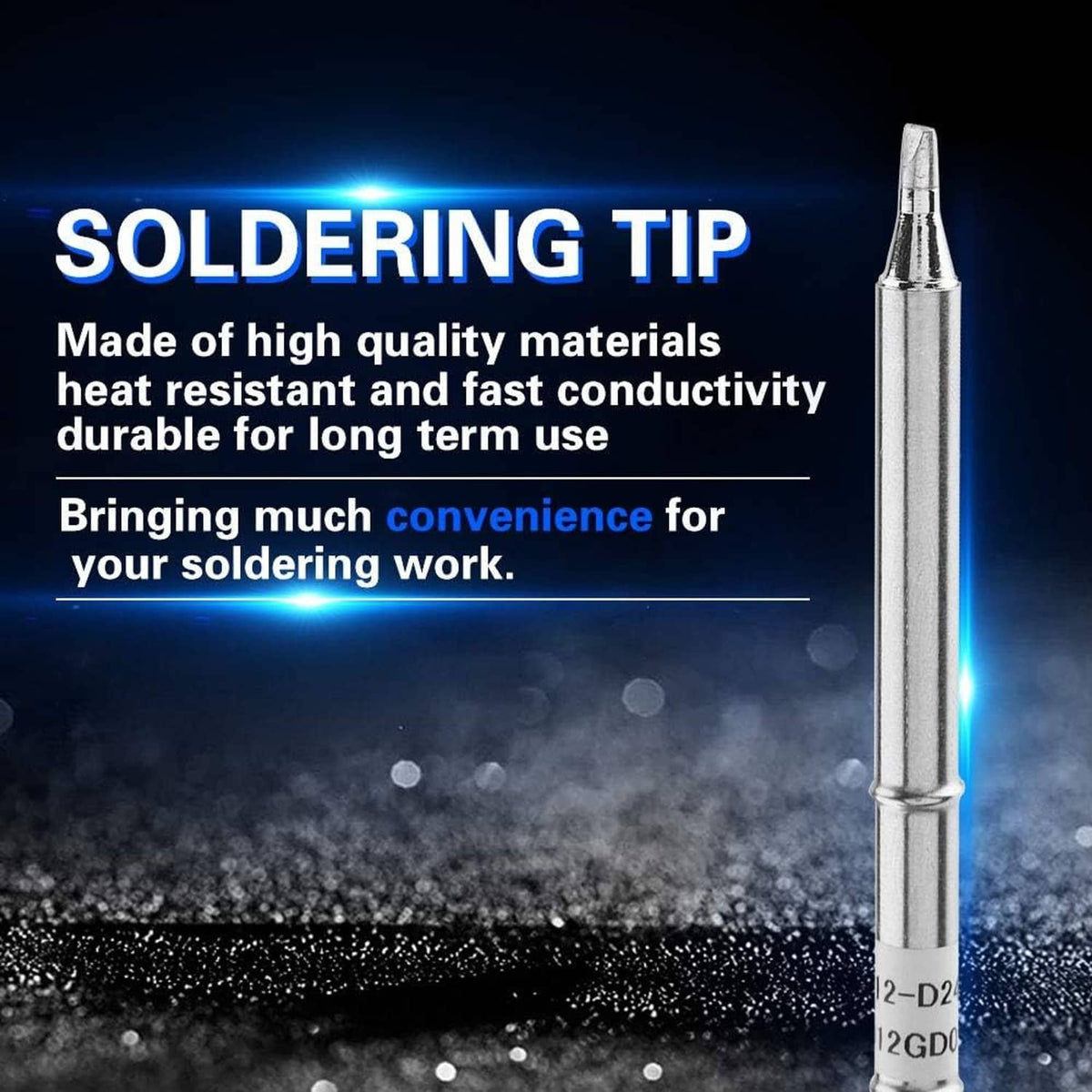 Soldering iron tip with pointed cone and metallic shaft, shown upright on a work surface