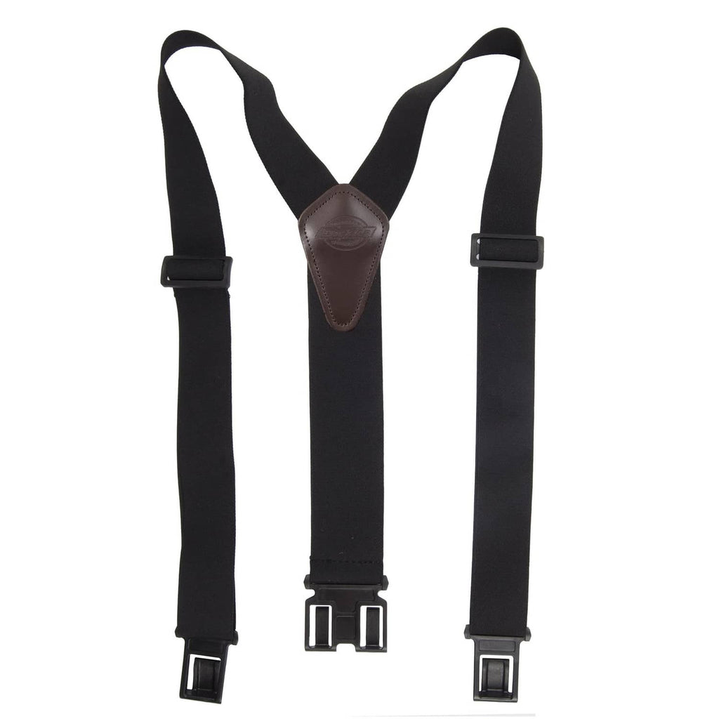 Dickies men’s suspenders in black webbing with brown leather center patch