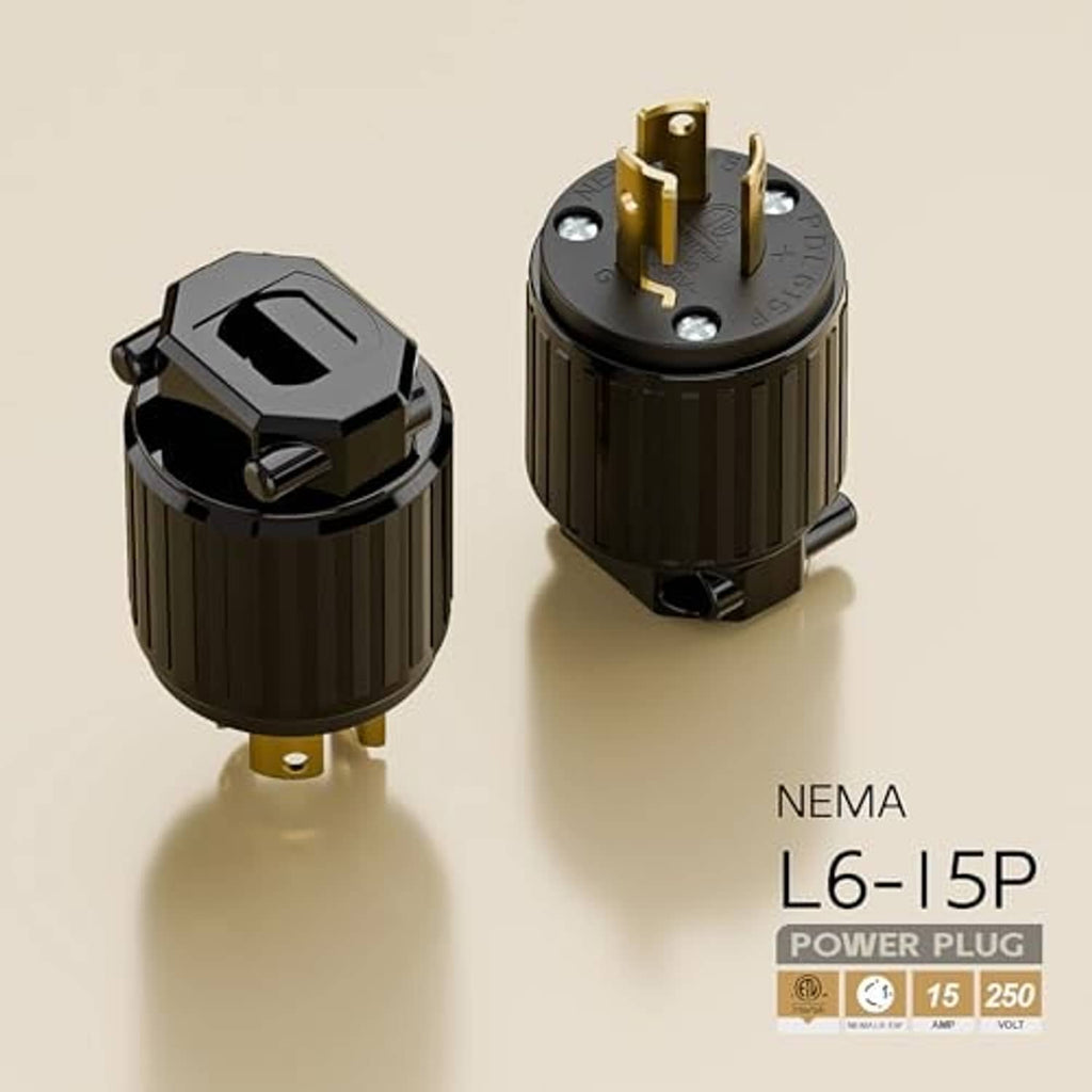 NEMA L6-15P power plug with black housing and gold contacts, twist-lock style.
