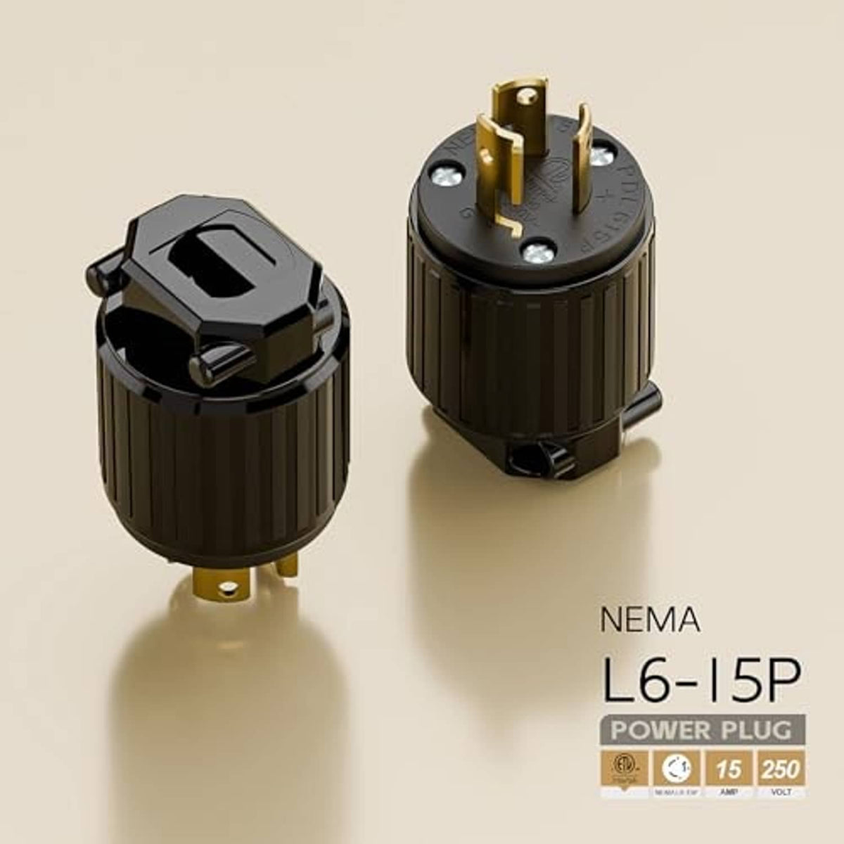 NEMA L6-15P power plug with black housing and gold contacts, twist-lock style.