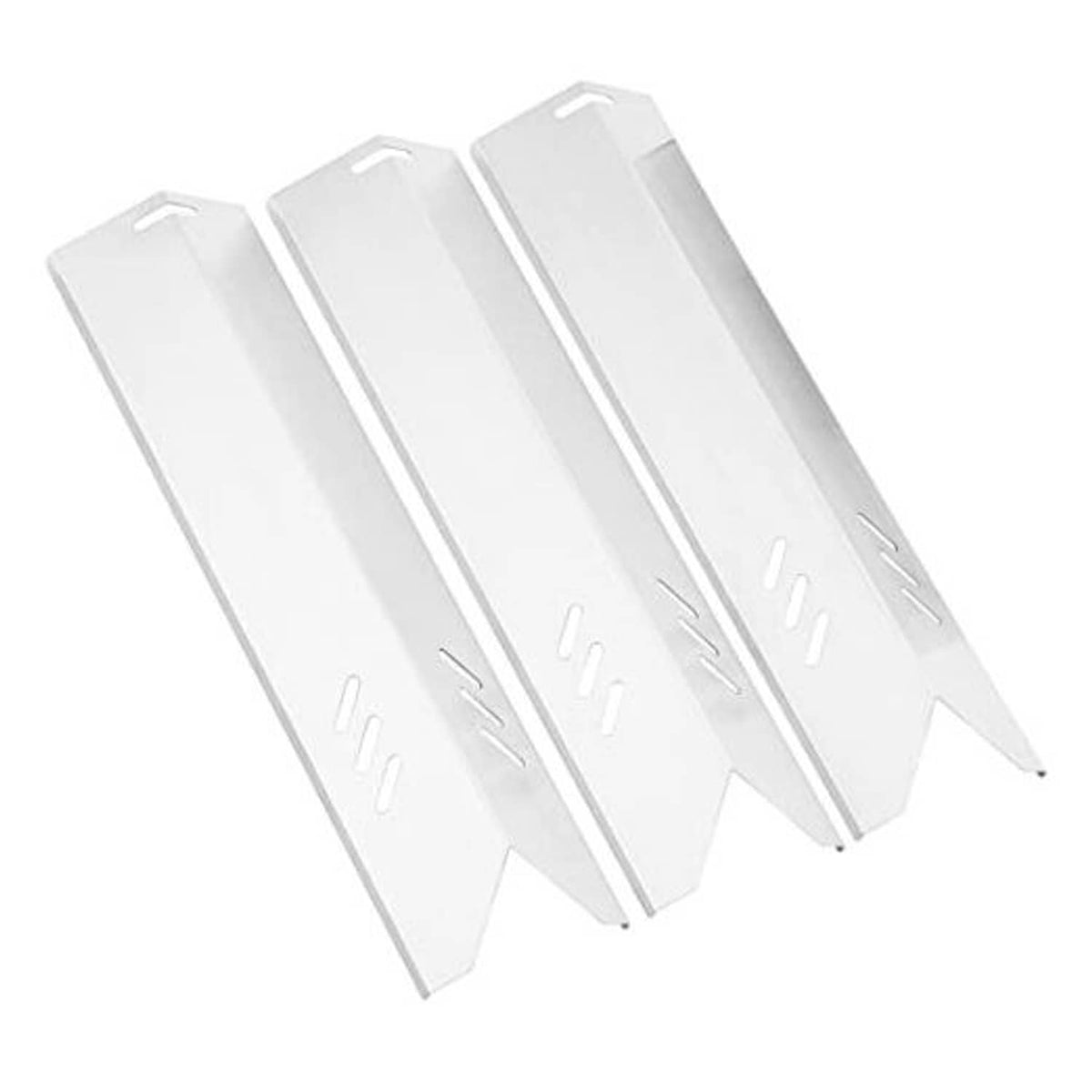 Set of three white metal heat plates with mounting tabs for grill replacement