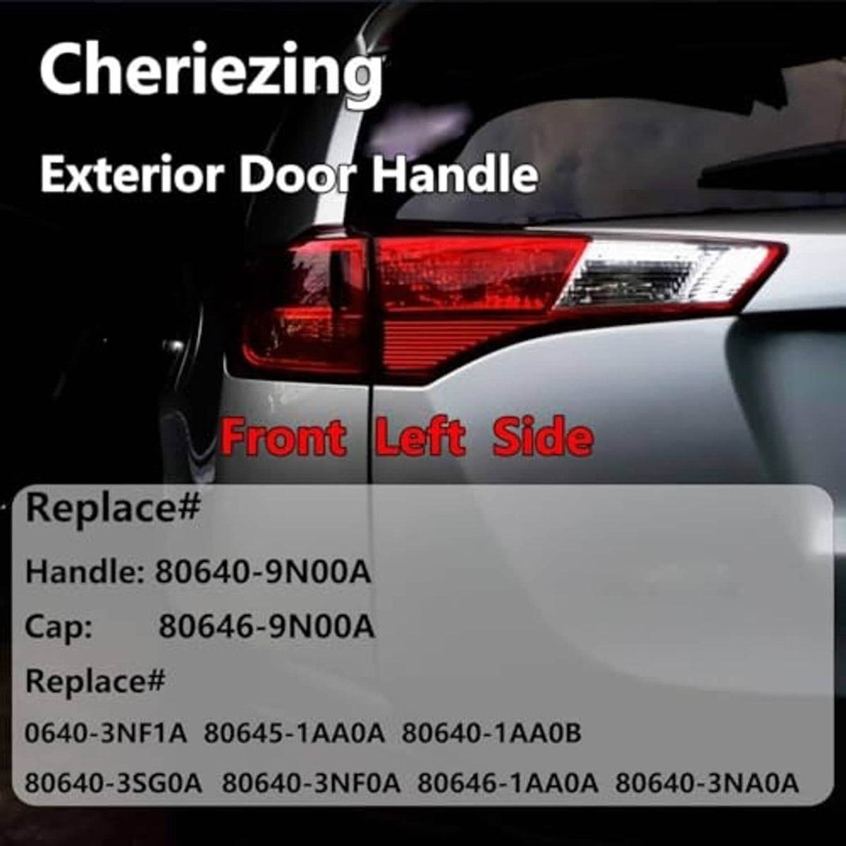 Exterior door handle assembly with front-left label and replacement part text