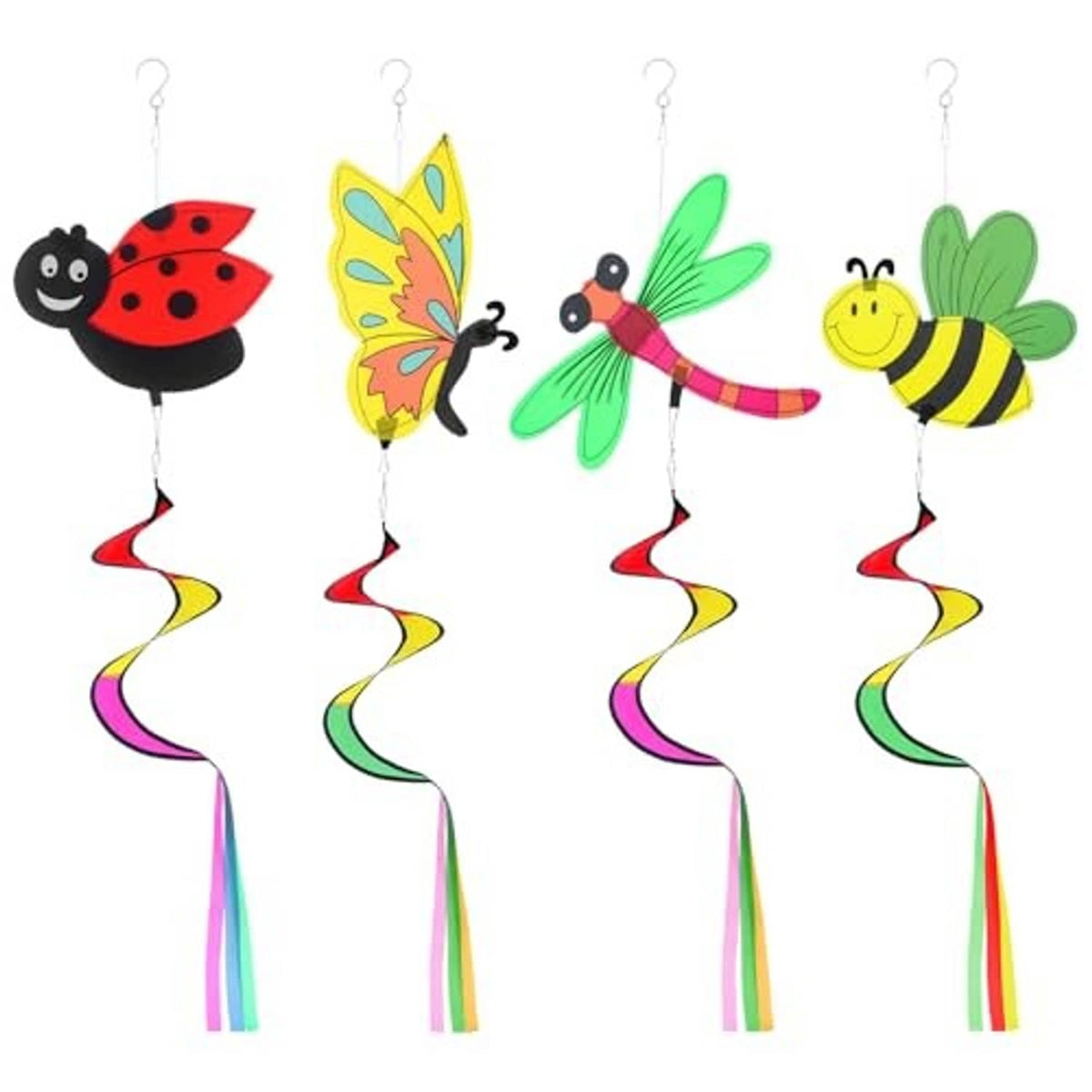 Four-piece garden wind spinner set with ladybug, butterfly, dragonfly, and bee figures and ribbons