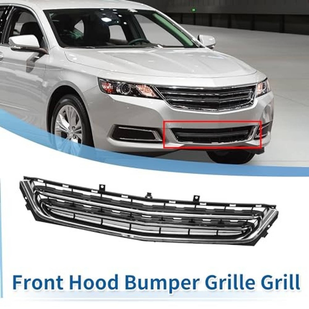Front bumper grille highlighted on car front, black with chrome horizontal bars