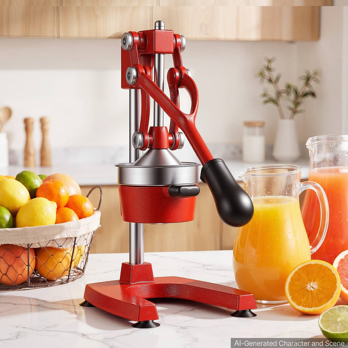 Red manual citrus juicer with stainless press cup and black handle lever on base