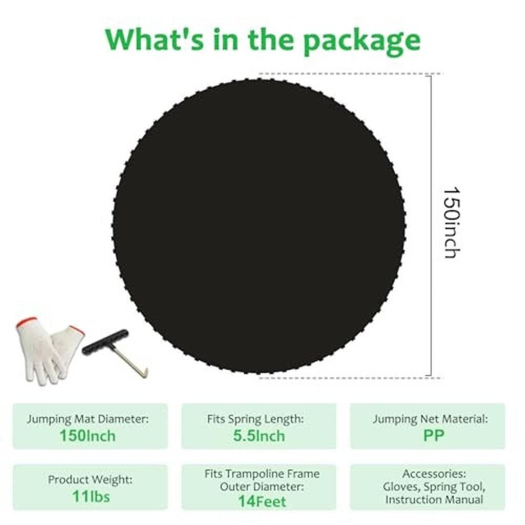 Black round trampoline replacement mat with included gloves and spring hook tool