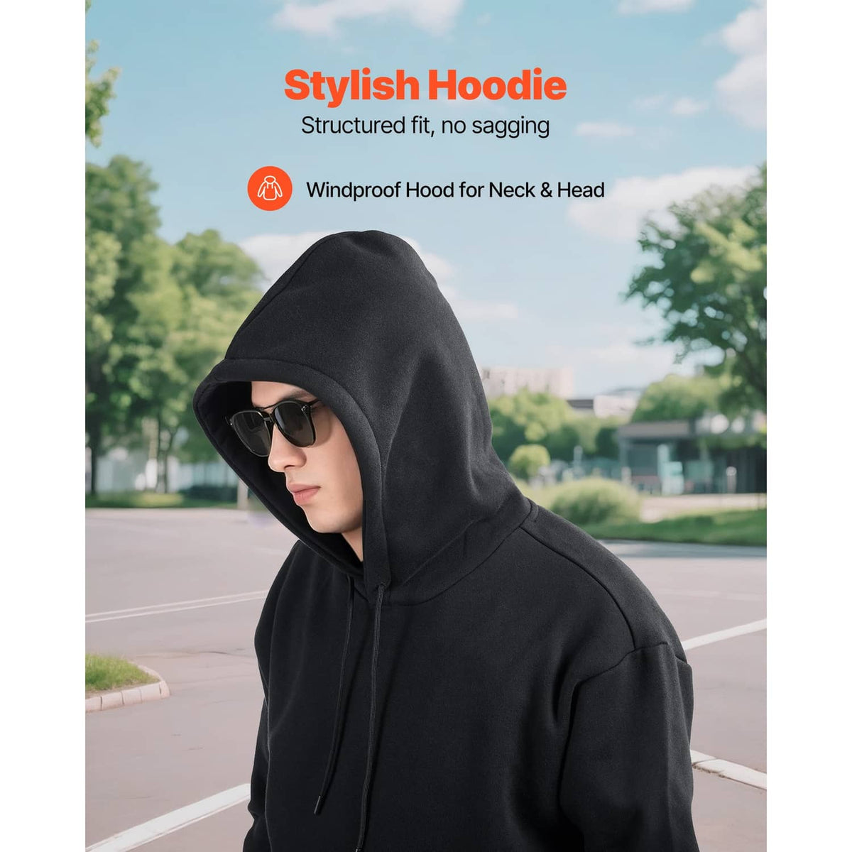 Black pullover hoodie with adjustable hood and drawstrings, worn with sunglasses