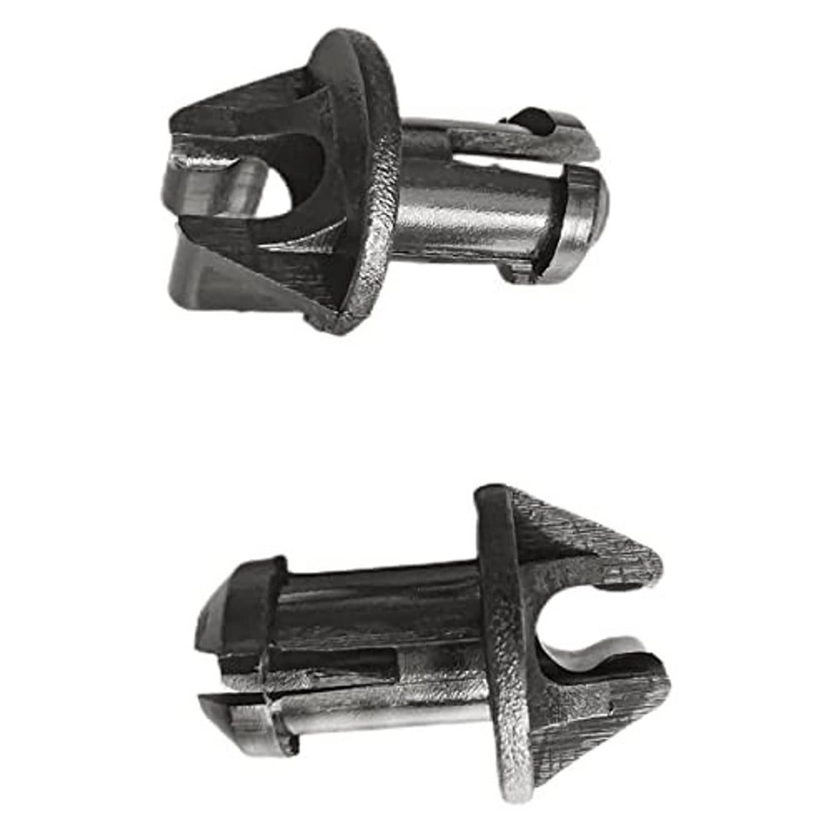 Throttle linkage swivel bushing with silver metal rod and black plastic fork, two angles