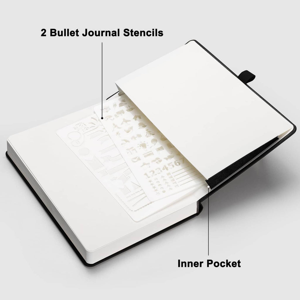 Bullet journal notebook open showing inner pocket and two bullet journal stencils