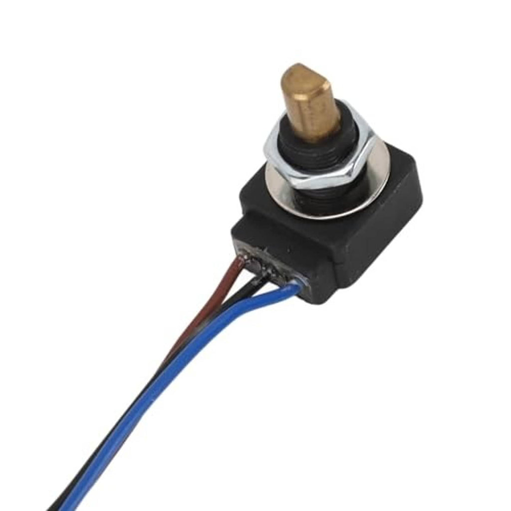 Adjustable resistor with black housing, brass adjustment top, and blue/brown lead wires