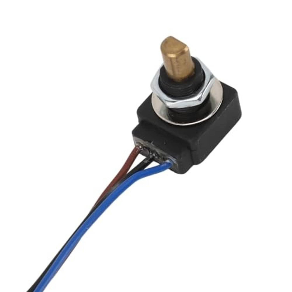 Adjustable resistor with black housing, brass adjustment top, and blue/brown lead wires