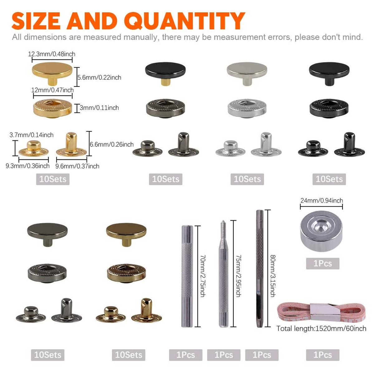 Snap fastener kit size guide with gold and dark snap caps and metal installation tools