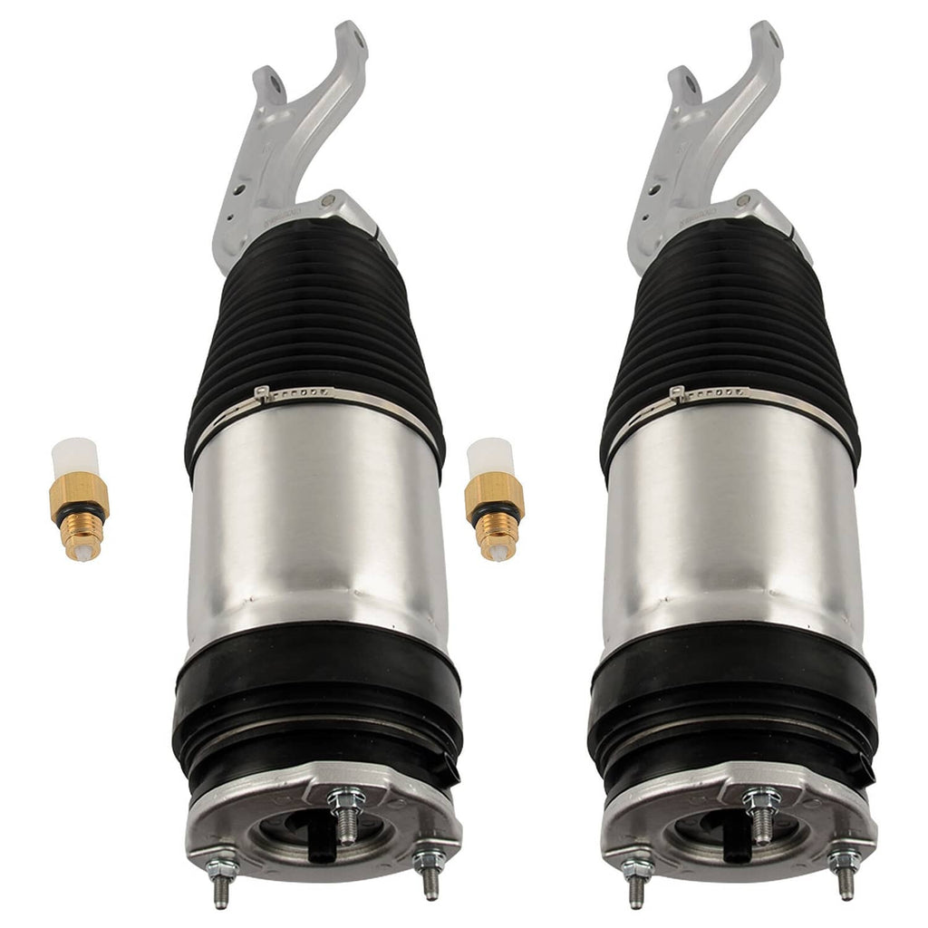 Pair of air strut shocks bottom ends shown, silver reservoirs, black bellows, gold valve caps